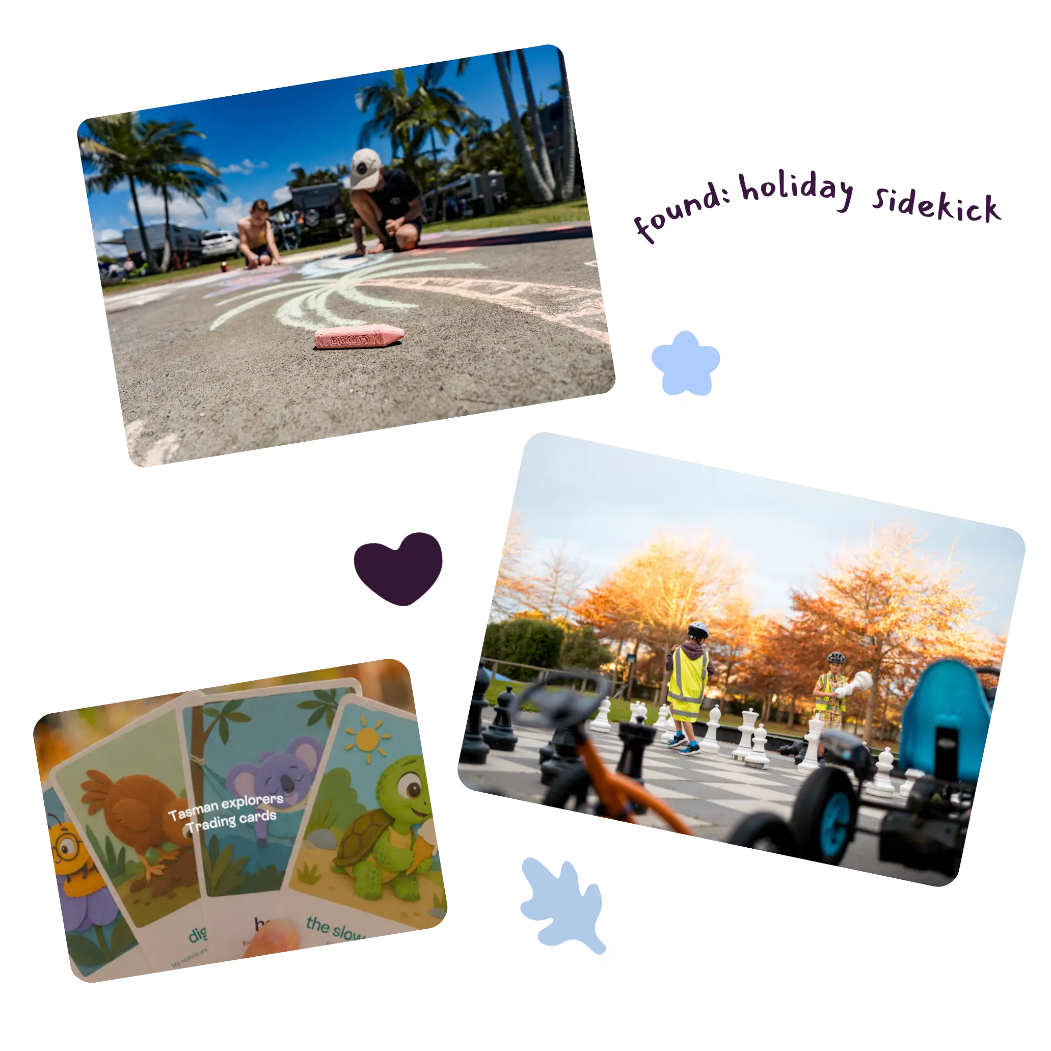 Children drawing colorful chalk art on a sunny beach park road, with pastel crayons on the pavement and a pink chalk piece in focus, others nearby.