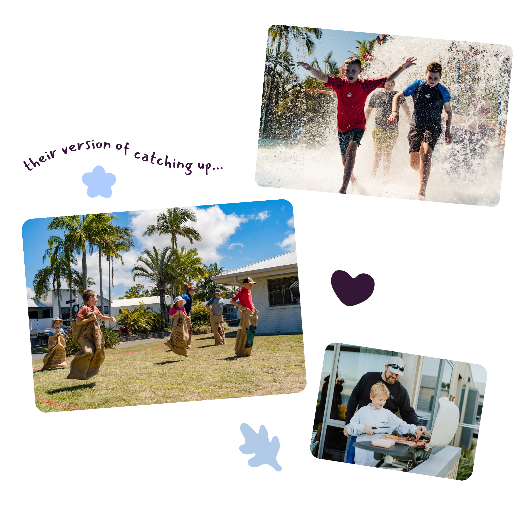Children racing in water splashes, bags race, and family cookout scenes on sunny days with palm trees and playful graphics in a collage layout.