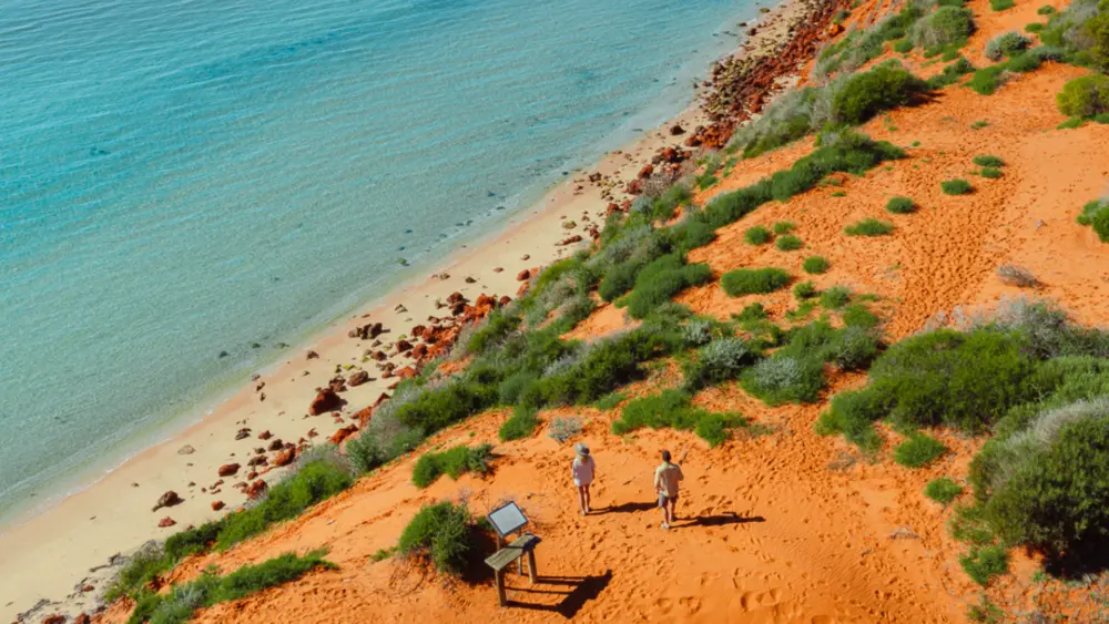 Sunlit orange sand dunes with sparse green shrubs along a turquoise sea, two people walking near a small informational sign by the beach.