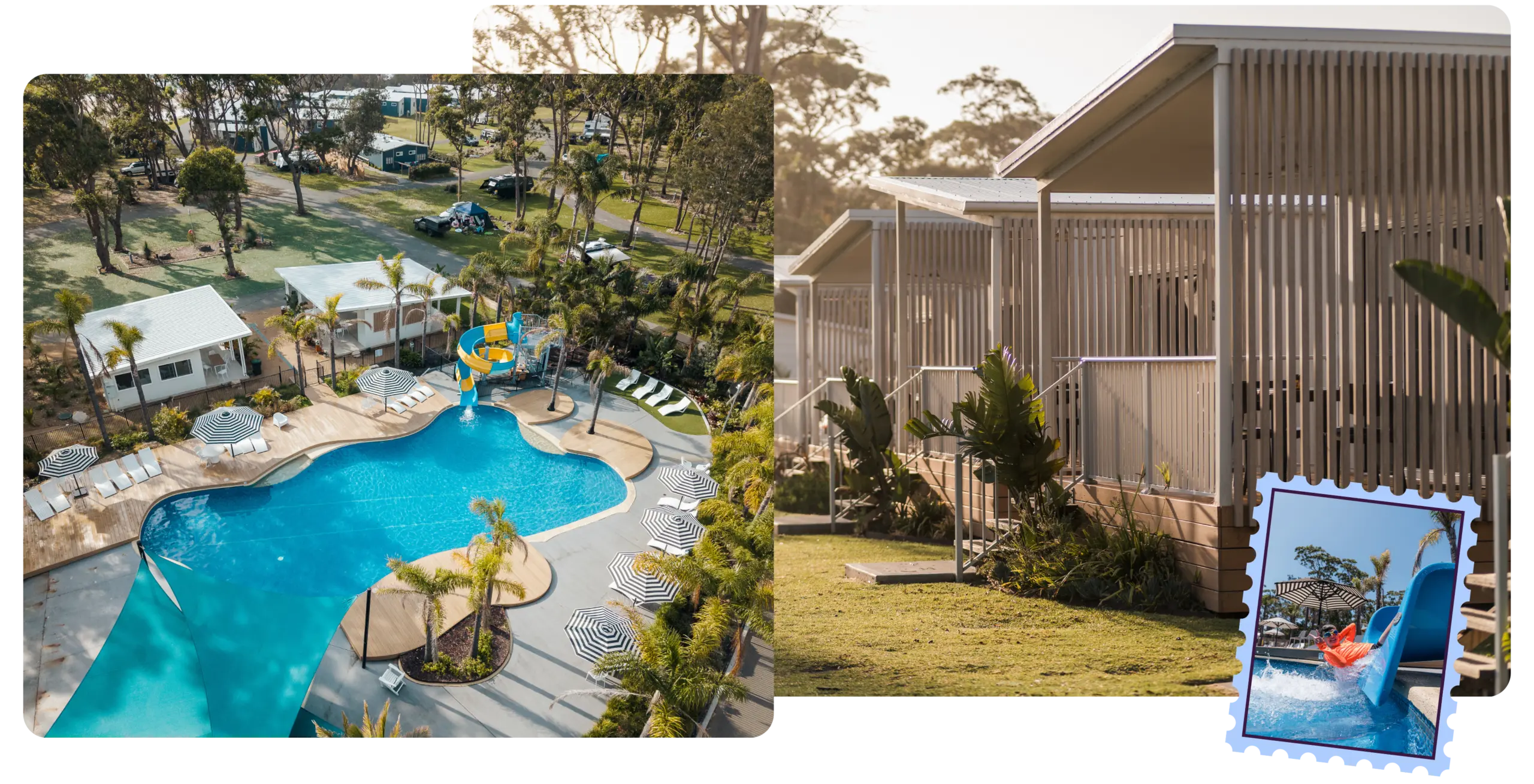 Racecouse Beach Resort Pool with Beachfront Villas and a child coming down on a waterslide.