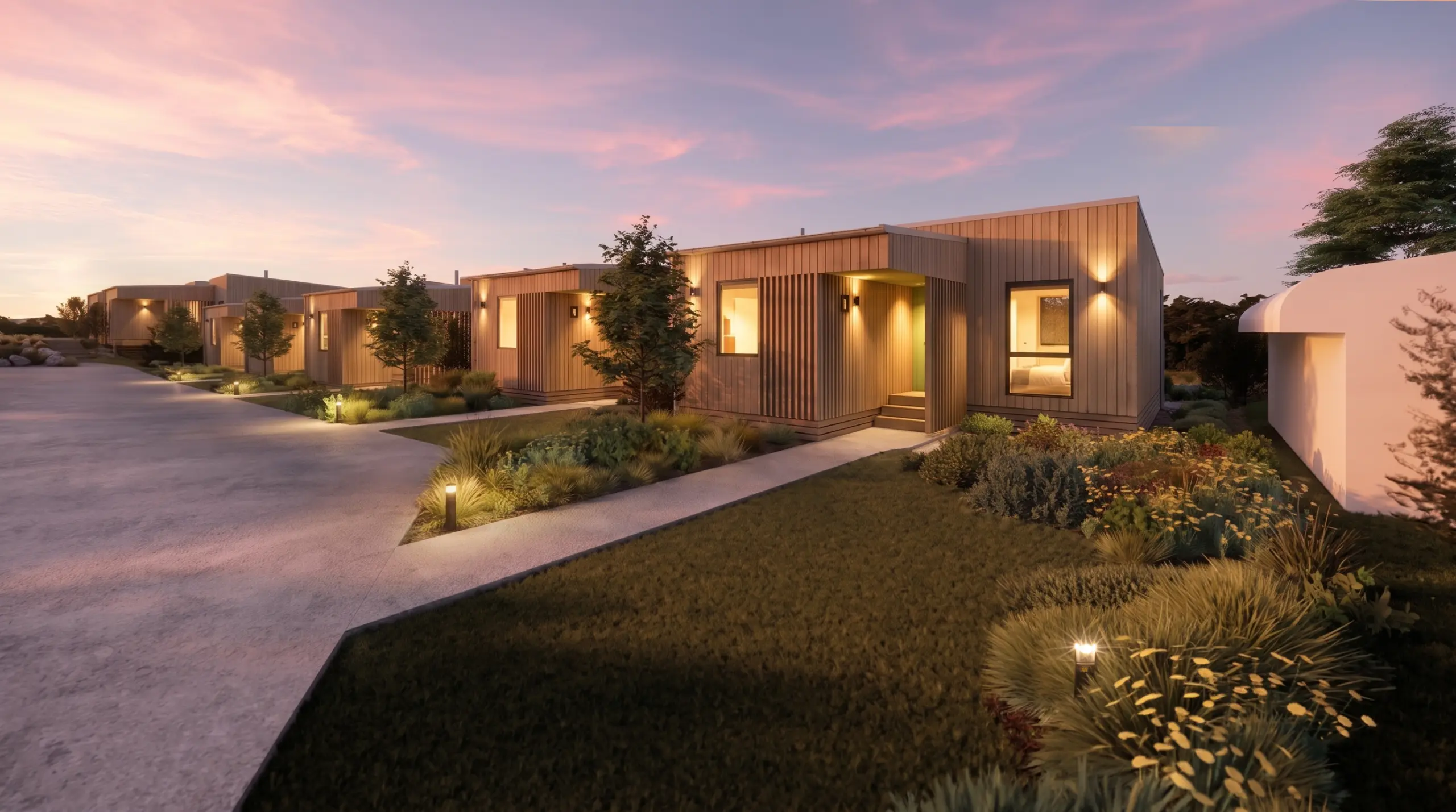 Modern single-storey townhouses with wood-clad exteriors line a curved street at sunset, warm lights glow, well-kept gardens and drought-tolerant landscaping.