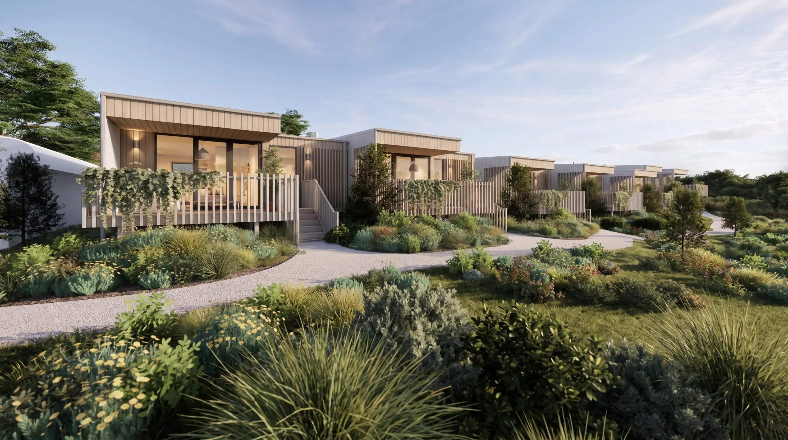 Row of modern single-story homes with wood cladding, elevated decks, and vertical slat fencing, set among lush drought-tolerant landscaping and pathways.