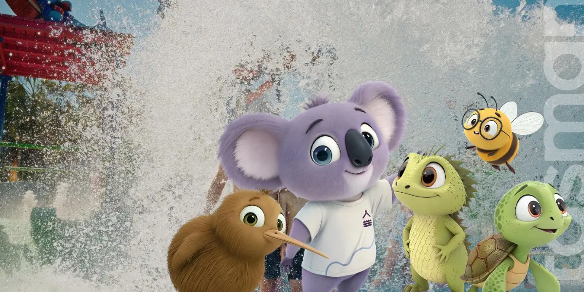 Group of cheerful animated jungle creatures including a purple koala, brown bird, green dragon, turtle, and bee posing together.