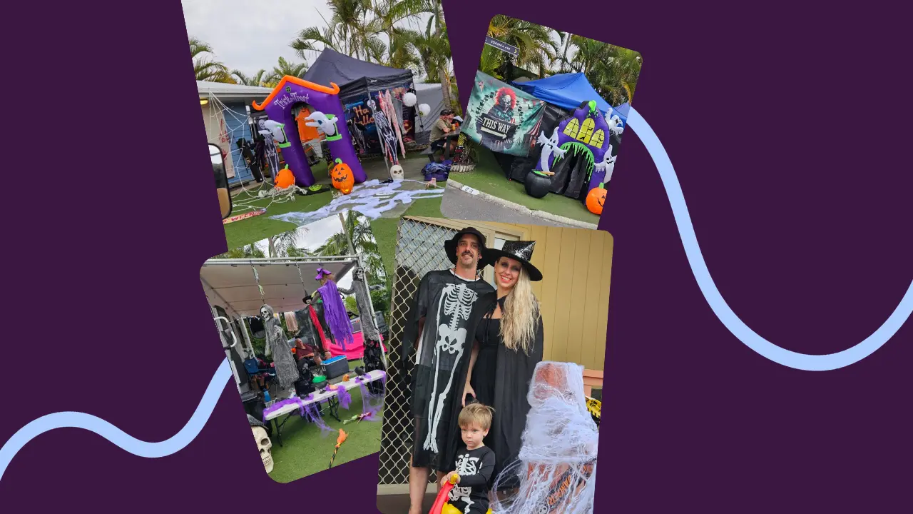 A collage of Halloween-themed photos set against a dark purple background, featuring pumpkins, spooky tents, hanging decorations, and people in costumes.