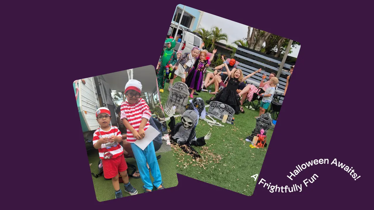 Children in colorful costumes at a Halloween party with pumpkins and tombstones, posing for photos on a grassy yard with playful decorations.