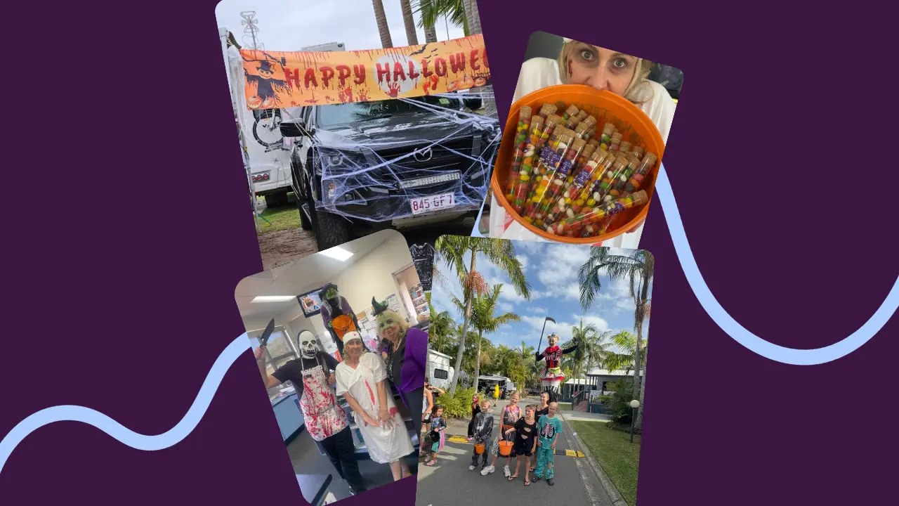 Halloween-themed collage with a haunted car wrapped in cobwebs, a person holding a candy bucket, and costumed groups outdoors on a sunny day