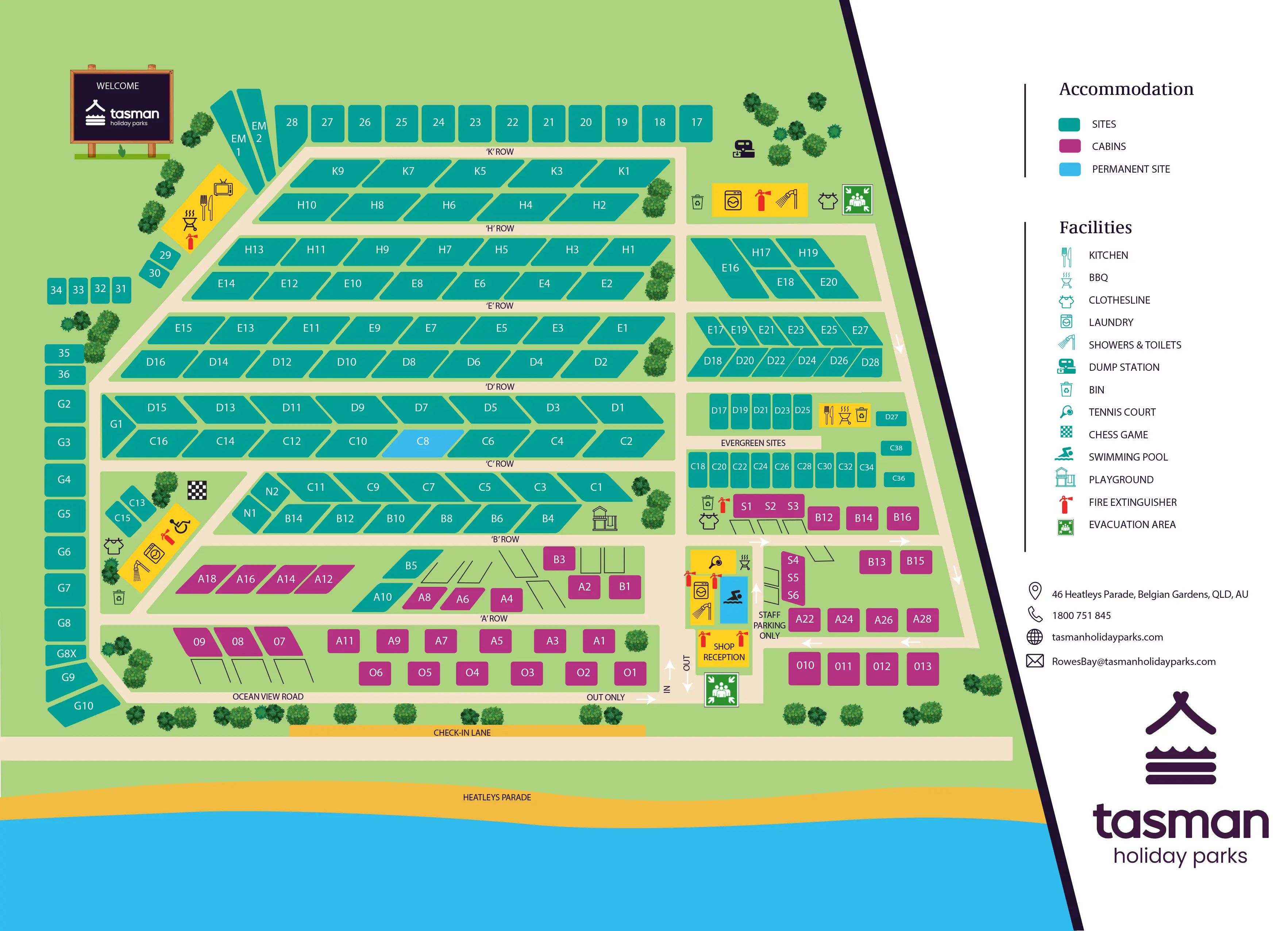 A colourful map of Tasman Holiday Parks showing site blocks in teal and purple, pathways, trees, amenities icons, and a sandy beachfront at the bottom.