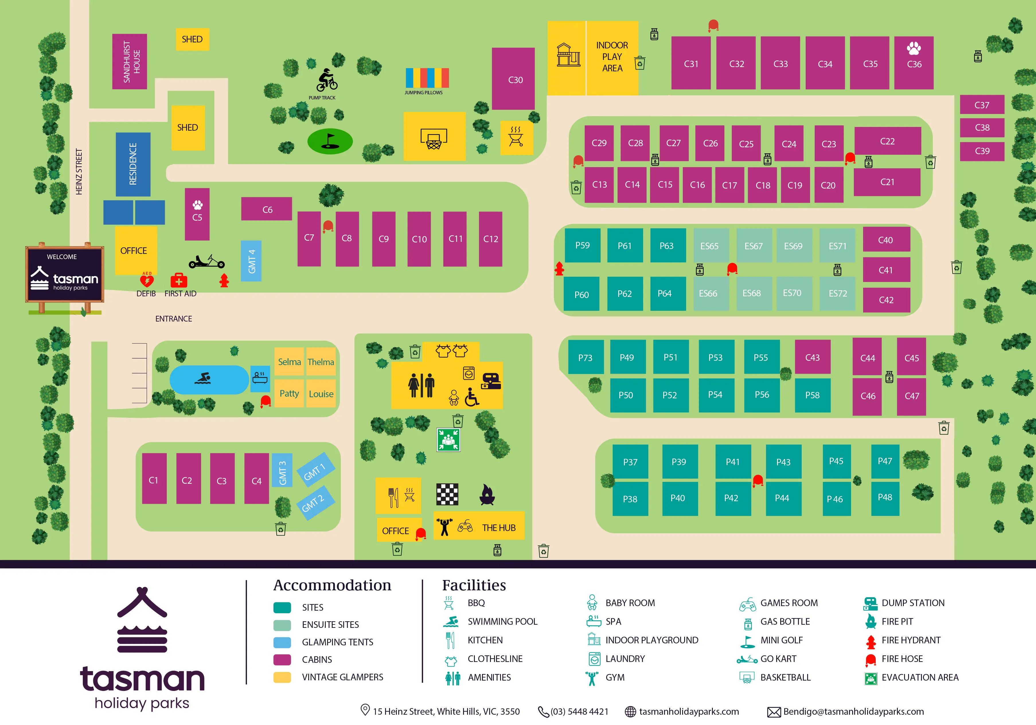 Map of Tasman Holiday Parks showing colorful cubicle sites, facilities, lodgings, and amenities arranged around winding roads and green spaces.