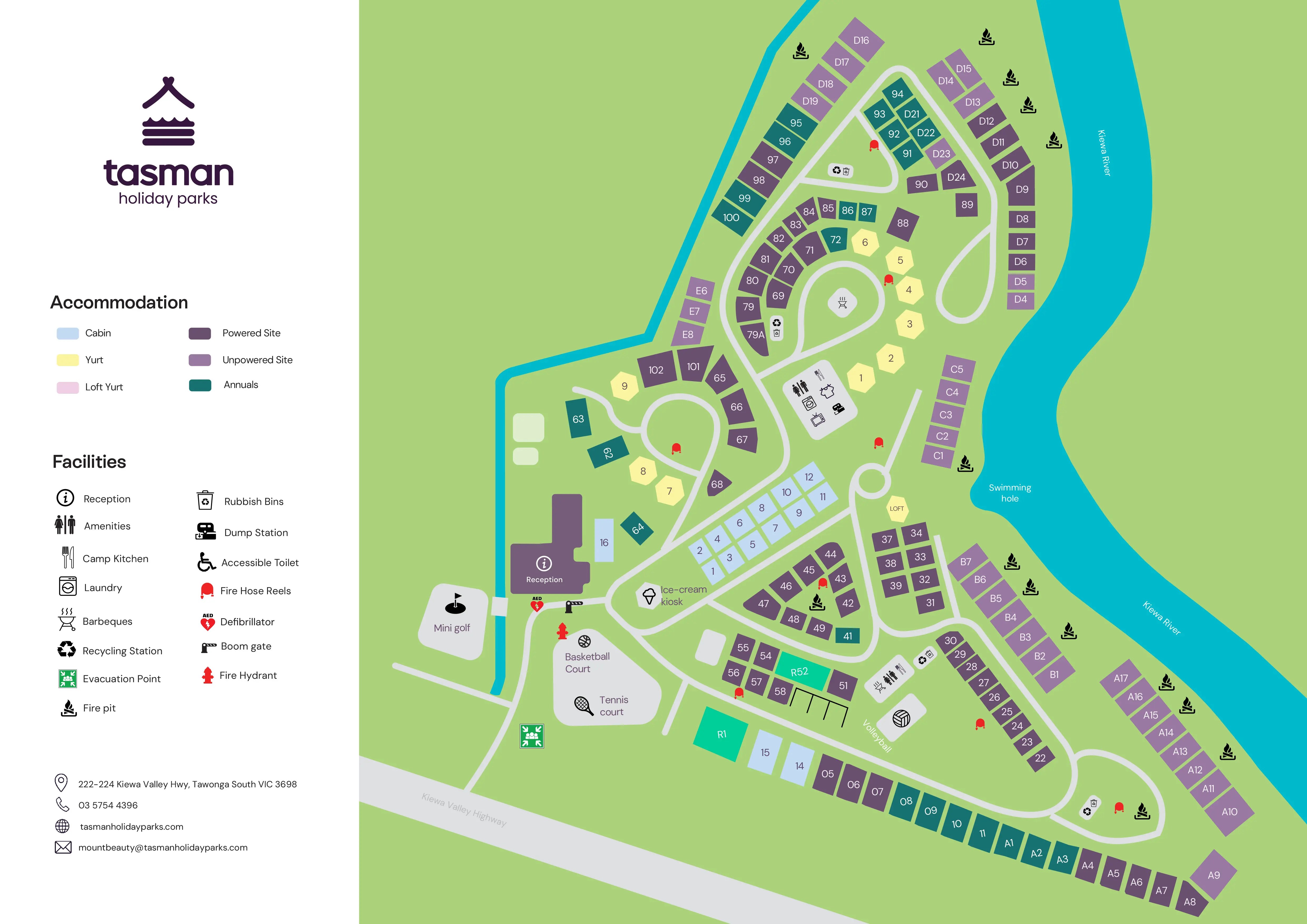 Map of Tasman Holiday Parks showing numbered sites, facilities, and the Kiewa River with a legend on the left.