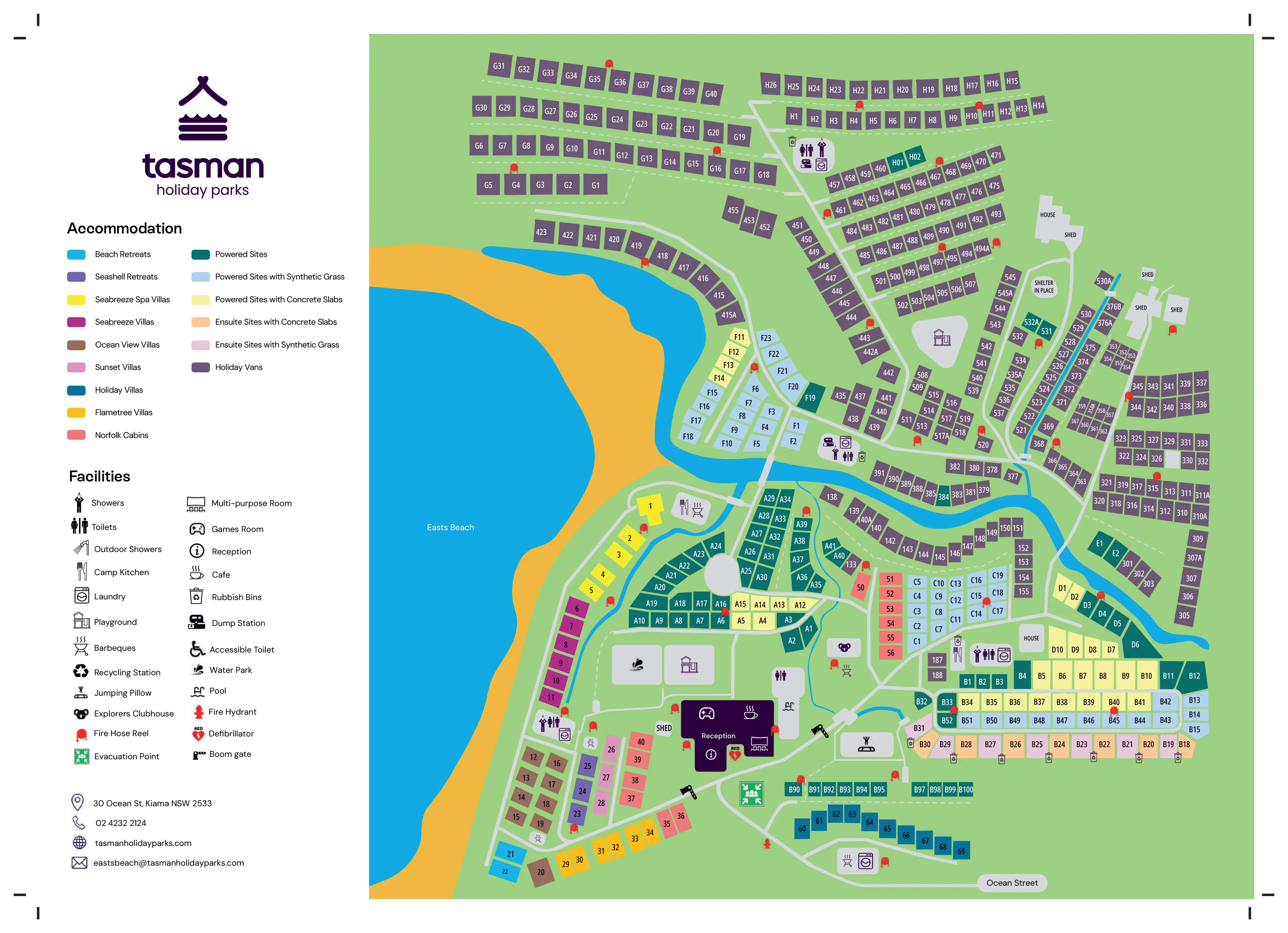 Tasman Holiday Parks map showing colorful accommodation blocks, facilities, beach areas, water features, and a detailed campground layout.