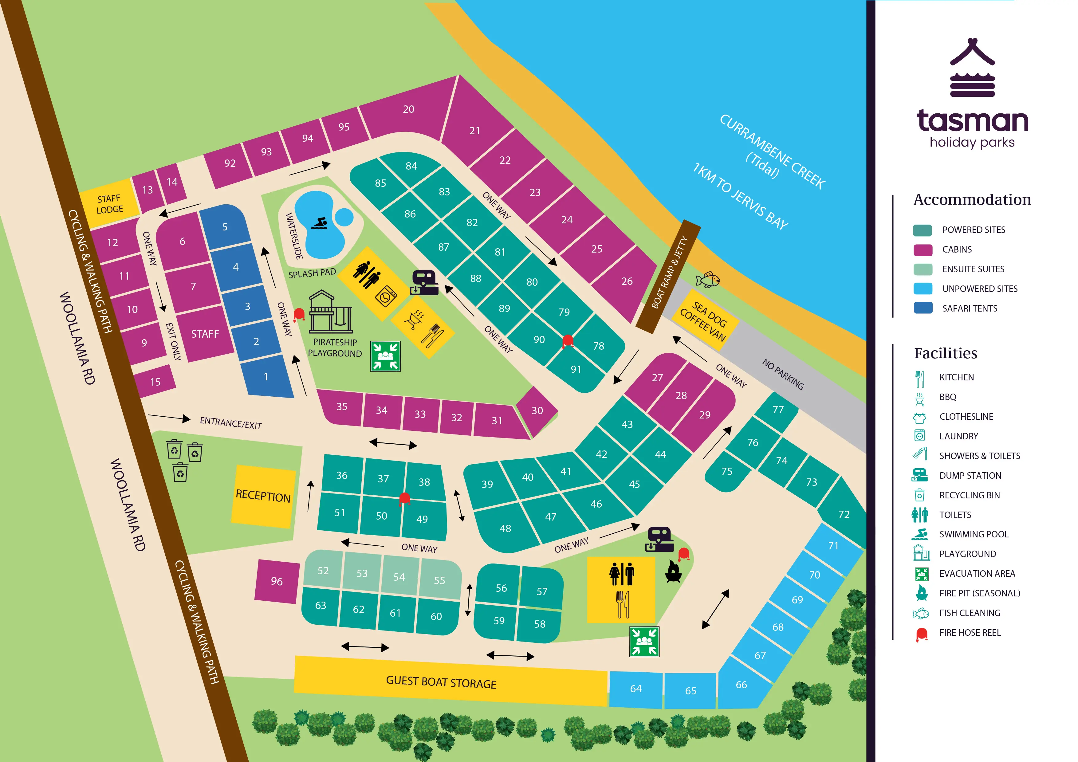 A colorful Tasman holiday park map featuring labeled numbered sites, amenities icons, water edge, guest boat storage, and green landscaping along Woollama/Woodlawn roads.