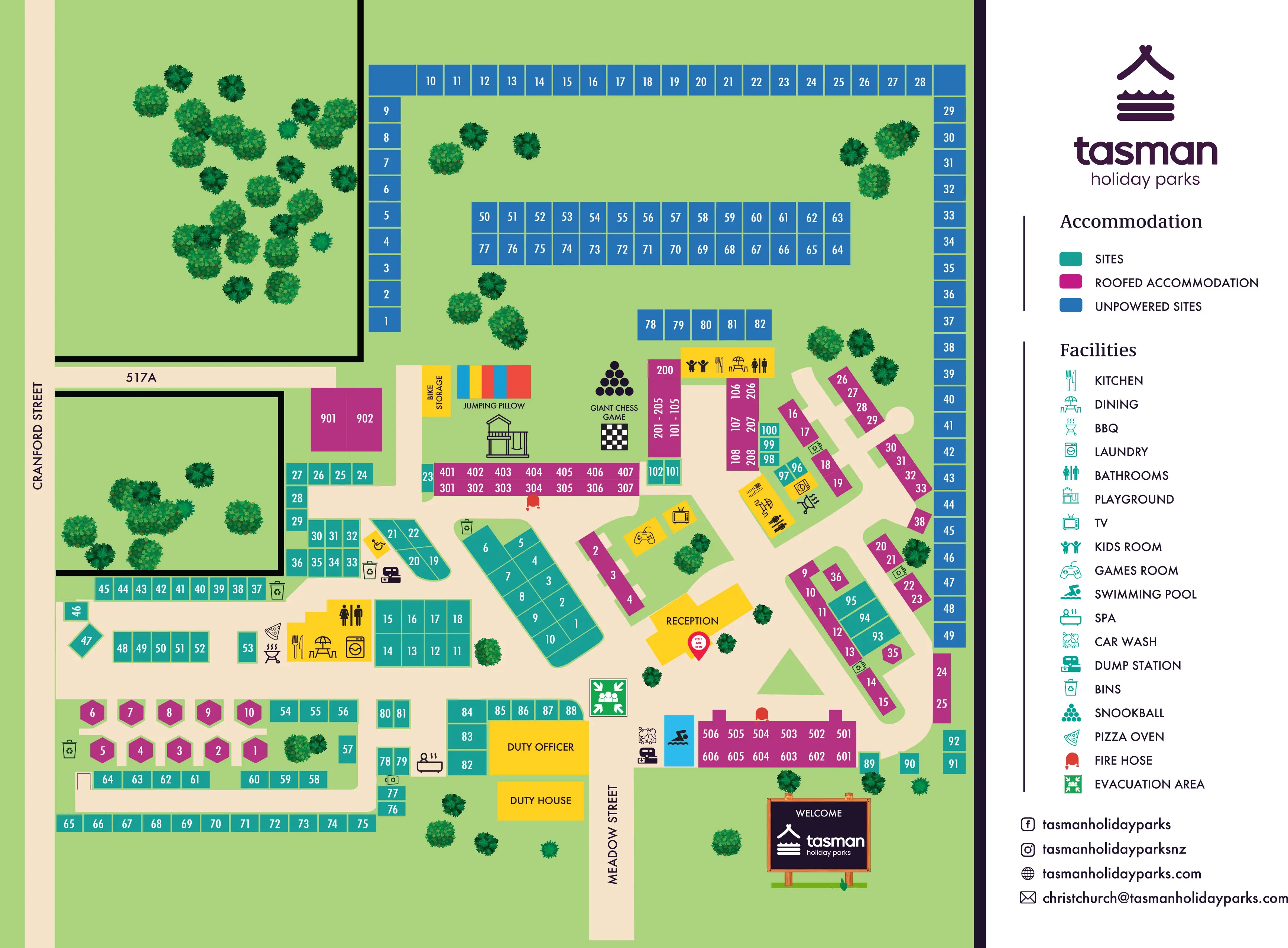 Map of Tasman Holiday Parks with numbered sites, facilities icons, trees, and roads; reception, duty offices, adventure areas and pathways outlined.