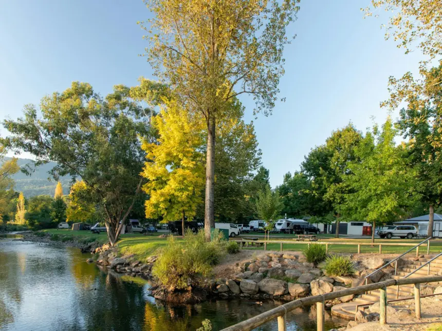 Scenic lakeside campground with green trees, calm water, rocky shoreline, and parked campers under a clear blue sky on a sunny day.